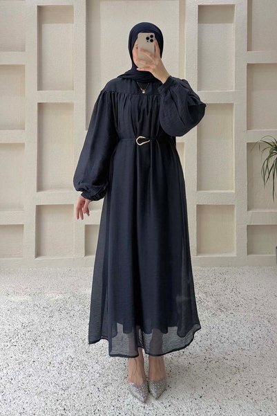 Belt Detailed Hijab Dress Navy Blue