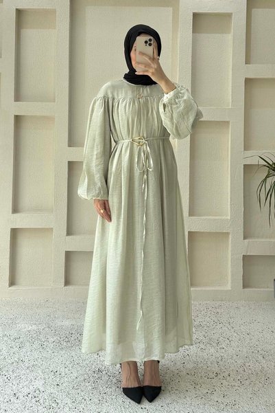 Belt Detailed Hijab Dress in Mold Green