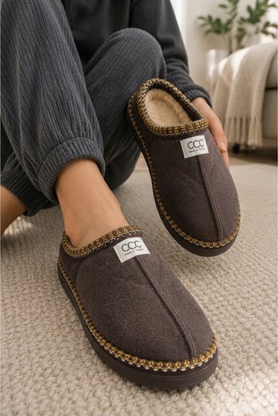 Women'S, Suede Textured, Fur Lined, Embroidery Detailed, Warm, Soft Sole House Slippers