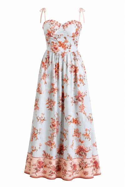 Blue Floral Patterned Dress with Attachable Straps - 2Y4218