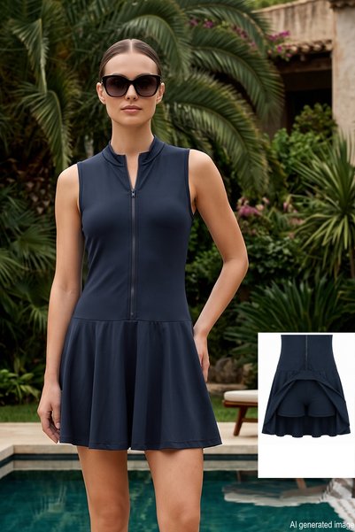 Sleeveless Front Zippered Dress Swimsuit 17122-01 Black