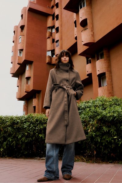 Belted Long Stand-Up Collar Coat