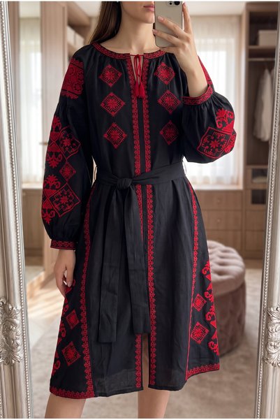 Women's Black Embroidered Waist Belted Dress with Tassels on the Collar