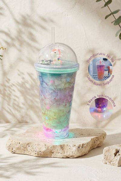 450 ml Led Lighted Freezing Gel and Double Layer Water Bottle with Straw and Ice Glass Appearance