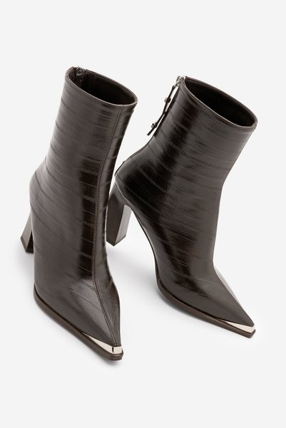 Women's Pointed Toe Back Zipper Thick Heeled Boots Zavoli Brown Croco