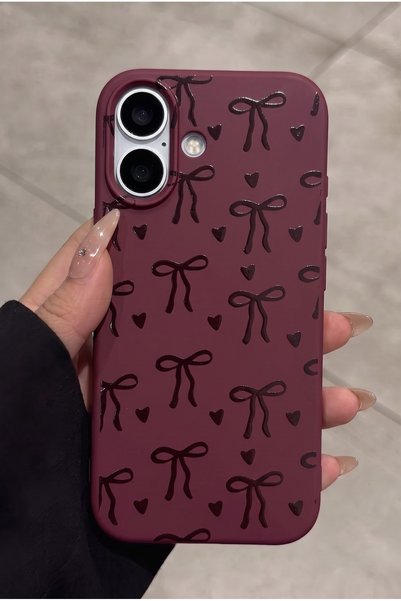 iPhone 17 Compatible Burgundy Bow Patterned Velvety Soft Touch Silicone Phone Case