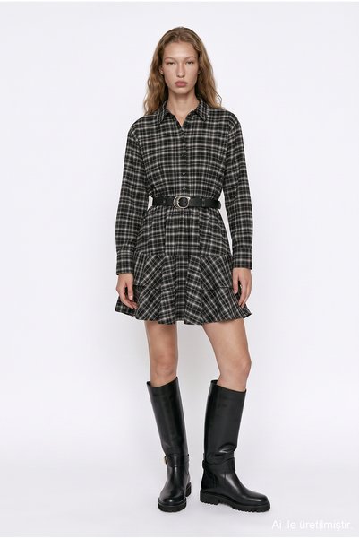 Plaid Belted Ruffled Mini Dress Black