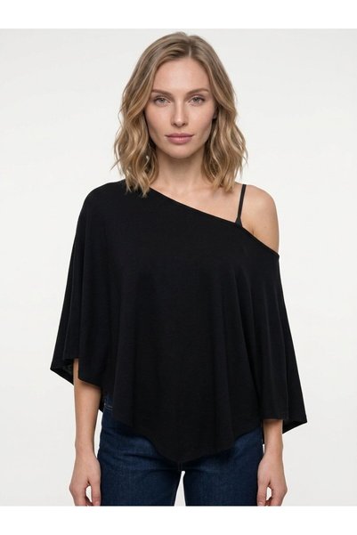 Women's poncho blouse with soft and flexible fabric, off-the-shoulder design, black