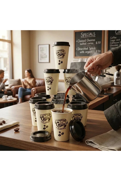 Set of 12 Coffee Cups with Lids, Black Lids, Patterned Take Away Cups