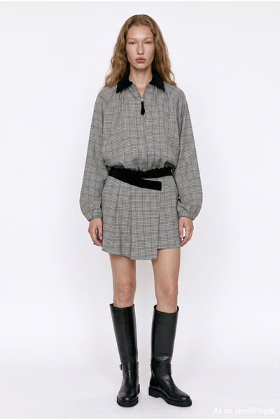 Plaid Pleated Wrap Mini Skirt Beige