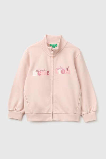 Girl's Powder-Colored Embroidered Ribbed High-Neck Zippered Stand-Up Collar Sweatshirt