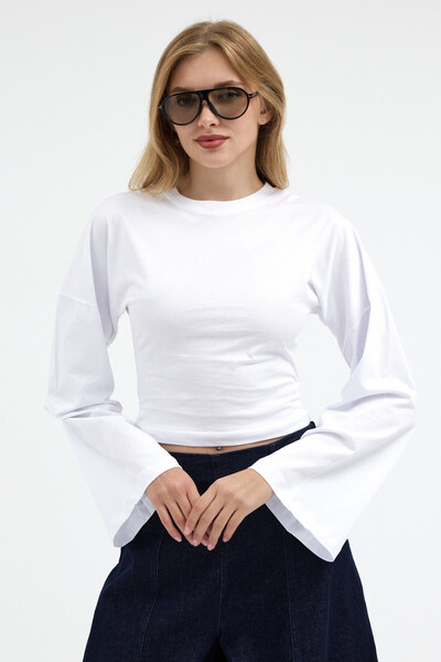 Women's Basic Wide Sleeve White Crop Blouse