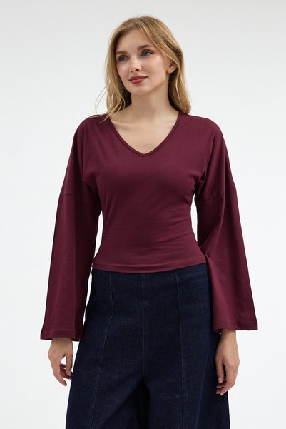 Women's V-Neck Long Sleeve Tight Burgundy Blouse
