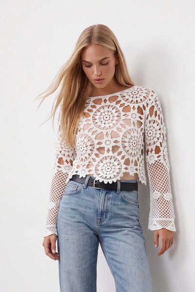 Women's ecru long sleeve openwork blouse alc-x15609