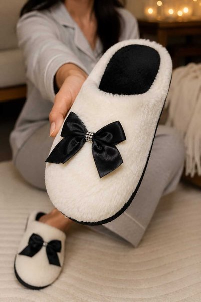 Women'S, Bowknot, Stone Detailed, Plush, Soft, Warm, Dowry Winter Slippers