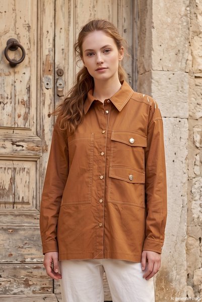 Shirt with Back Print and Pocket Detail on Front 127 Light Brown
