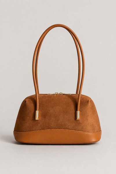 Tan Suede Women's Stylish Daily Hand and Shoulder Bag with Metal Accessories and Zipper