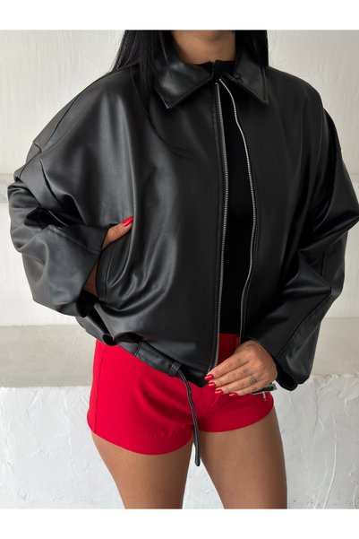 Women's Premium Black Belt Detailed Oversize Faux Leather Jacket