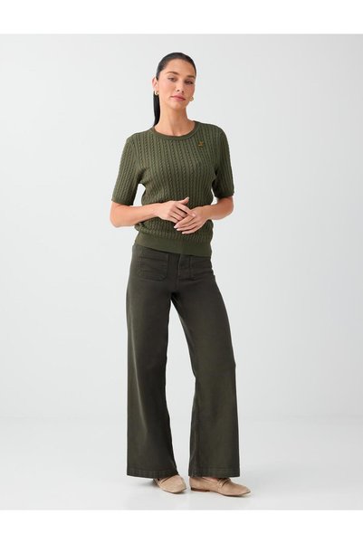 Khaki Pocket Detailed Cotton Blend Denim Trousers
