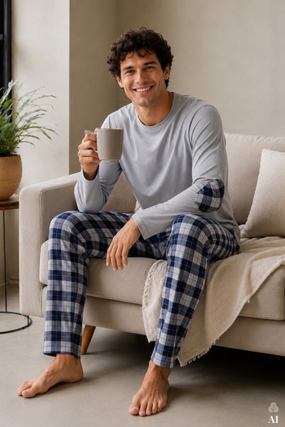 Men's Cotton Long Sleeve Patched Plaid Pajama Set