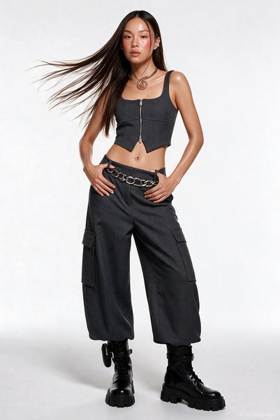 Square Neck Zipper Crop Blouse Gray