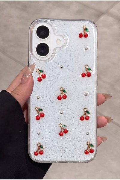 Compatible with Apple iPhone 17 - Epoxy Cherry Pattern Transparent Silicone Case, Shockproof Cover