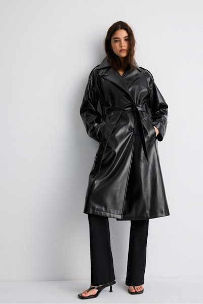 Long Artificial Leather Trench Coat