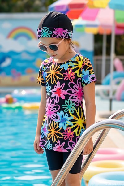 Short Sleeve Top and Bottom Girls' Swimsuit 4424 Black