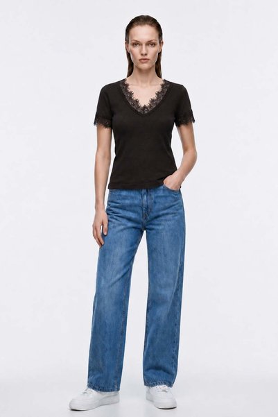 Women's Lace Detailed V-Neck Transparent Blouse
