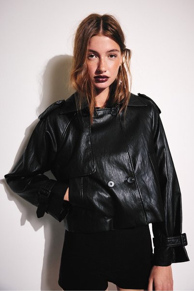 Short Faux Leather Trench Coat