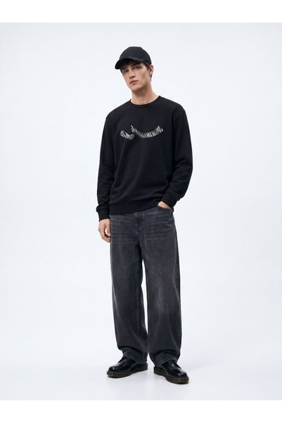 Regular Fit Sign Printed Crew Neck Black Sweatshirt