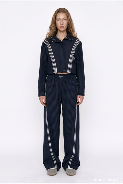 Striped Side Stripe Loose Leg Trousers Navy Blue