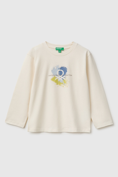Boy's Ecru Long Sleeve T-Shirt with Front Print