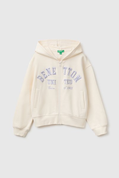 Girl's Ecru Hooded Zippered Sweatshirt with Embroidered Ribbed Pockets on the Front