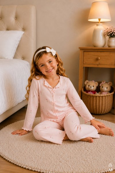 Girls' Cotton Long Sleeve Bow Patterned Ruffle and Bow Detailed Pajama Set