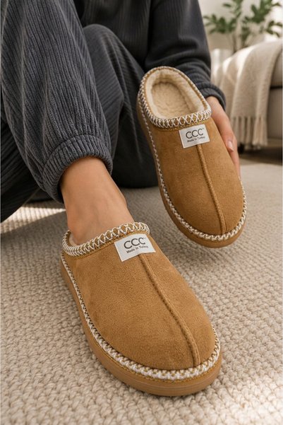 Women'S, Suede Textured, Fur Lined, Embroidery Detailed, Warm, Soft Sole House Slippers