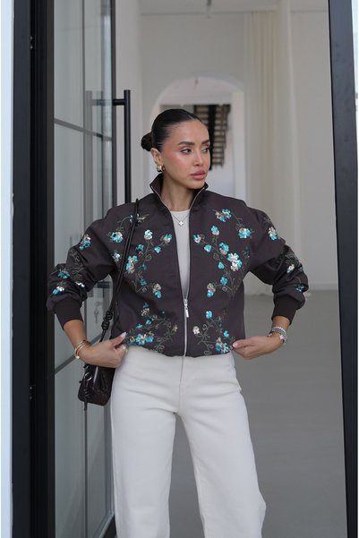 Bitter Brown Frida Sequin Embroidered Bomber Jacket