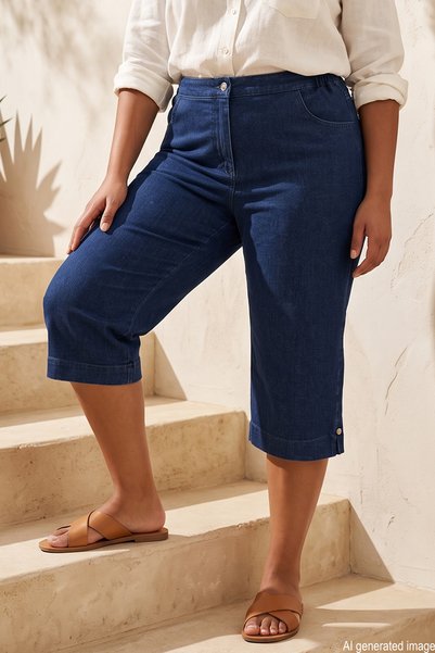 Plus Size Women's Below Knee Pearl Detail Jeans Capri 08 Dark Navy Blue01
