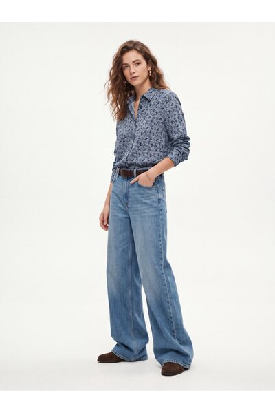 Regular Fit Floral Patterned Long Sleeve Navy Blue Shirt