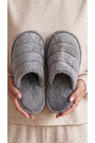 Women's Gray Closed 3-Stripe House Slippers 3 cm Byndkap3C