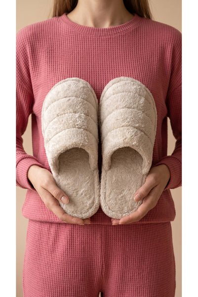 Women's Beige Closed 3-Stripes House Slippers 3 cm Byndkap3C