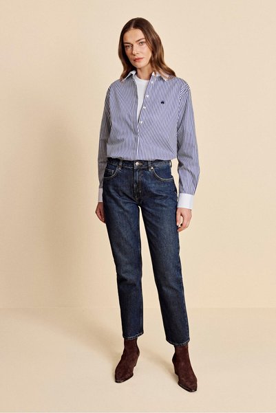 Women's Dark Blue Slim Fit Straight Leg Denim Trousers