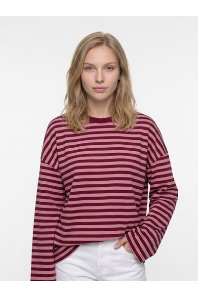 Women's Striped Oversize Long Sleeve T-Shirt Pink Claret Red