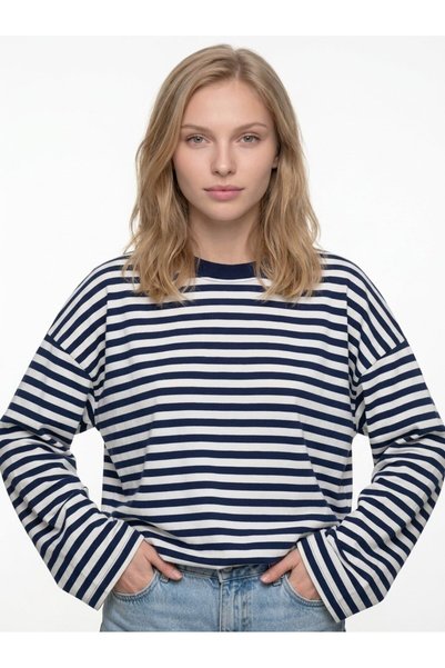 Women's Striped Oversize Long Sleeve T-Shirt Navy Blue White
