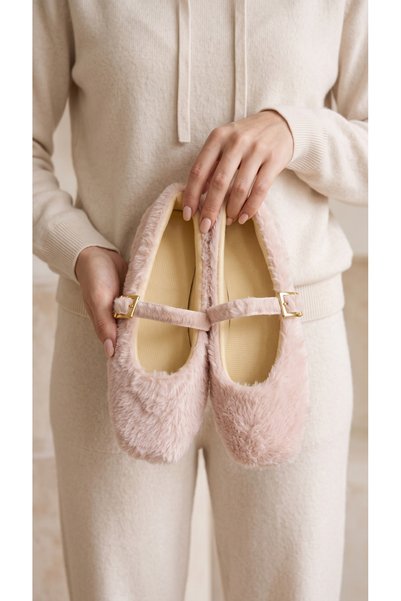 Women's Powder Rabbit Hair Buckle Daily Ballerinas 1 cm Byndtav01