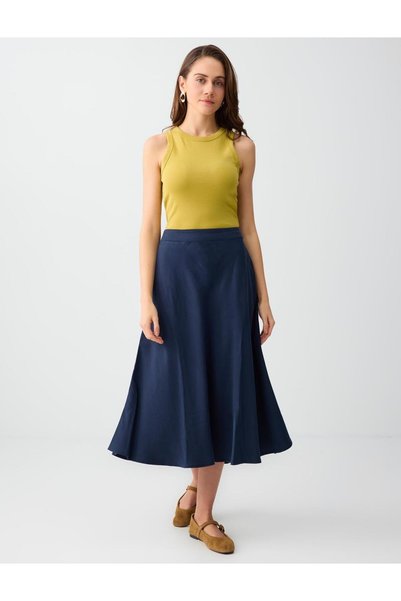 Navy Blue Relaxed Fit Pocket Detailed Regular Waist Midi Skirt