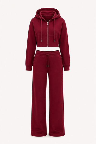 Women's Premium Thessaloniki Fabric Crop Zipper Hoodie & Wide Leg Pants Two-Piece Set Gn-0095