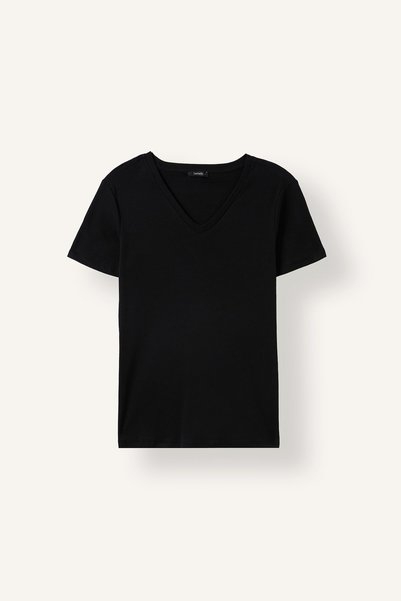100% Cotton Slim Fit V-Neck Basic Plain Ribbed Short Sleeve T-Shirt I1080Az24Sm