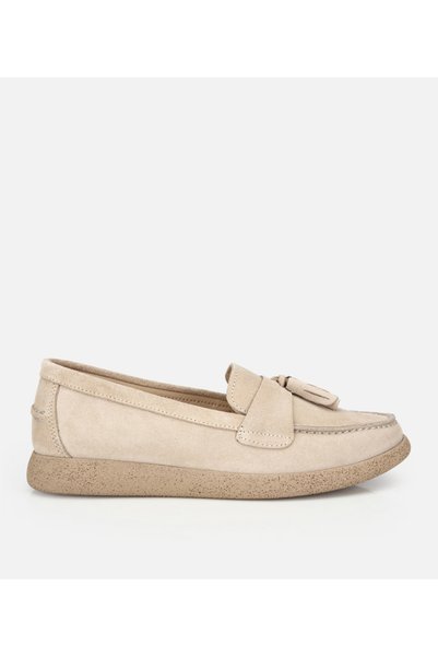 Women's Suede Leather Beige Tassel Detailed Casual Loafer