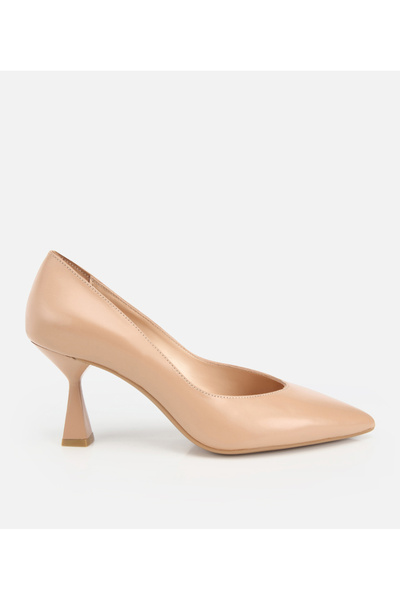 Women's Leather Beige Short Heeled Stiletto